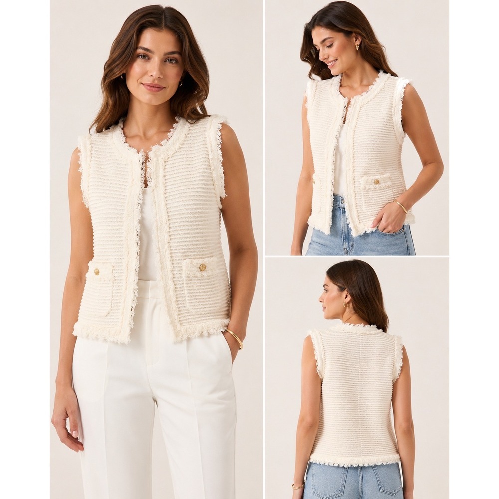 J.Crew Women Cream Textured Boucle Knit Vest Fringe Gold Crest Button Size M